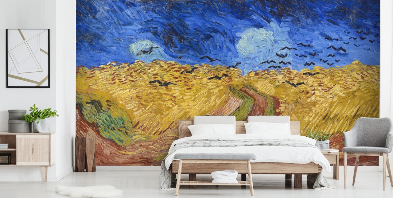 blue and gold van gogh wallpaper mural called Wheatfield with Crows for bedrooms, living rooms and home offices