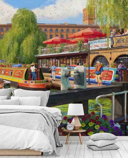 colorful london scene wallpaper mural called Camden Lock by Daniel Rodgers for care homes colorful london scene wallpaper mural called Camden Lock by Daniel Rodgers for care homes