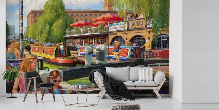 Daniel Rodgersin värikäs Lontoon kohtauksen taustakuvamaalaus nimeltä Camden Lock hoitokodeille