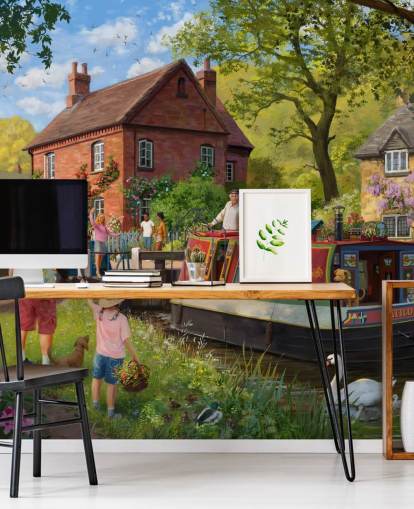 colorful bygone era wallpaper mural called Canal Trip by Daniel Rodgers for care homes colorful bygone era wallpaper mural called Canal Trip by Daniel Rodgers for care homes