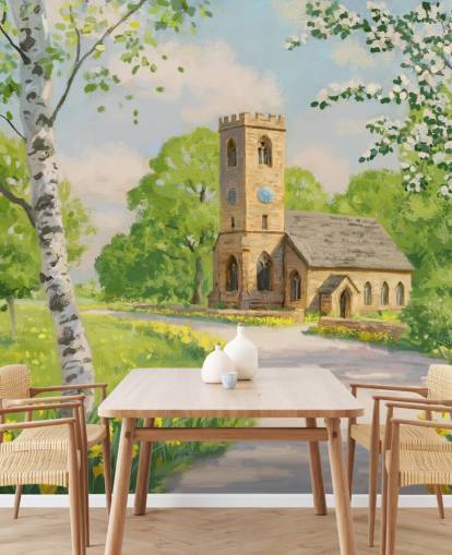 mural colorido de papel de parede rural chamado Church in Spring, de Daniel Rodgers mural colorido de papel de parede rural chamado Church in Spring, de Daniel Rodgers