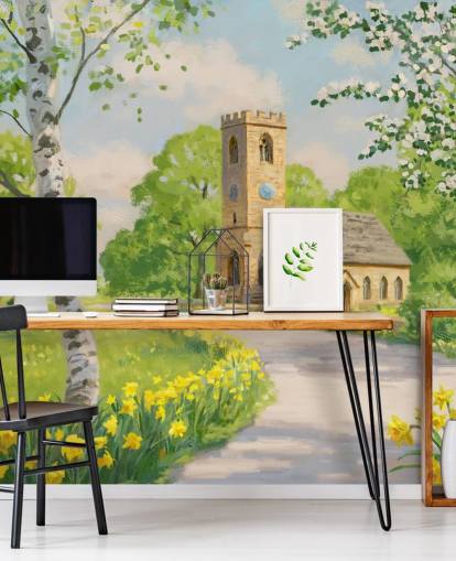 colorful countryside wallpaper mural called Church in Spring by Daniel Rodgers colorful countryside wallpaper mural called Church in Spring by Daniel Rodgers