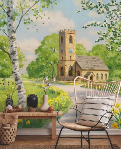 fargerikt veggmaleri på landsbygda kalt Church in Spring av Daniel Rodgers fargerikt veggmaleri på landsbygda kalt Church in Spring av Daniel Rodgers