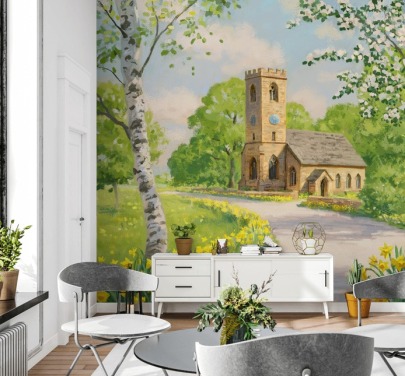 kleurrijke landelijke muurschildering genaamd Church in Spring van Daniel Rodgers