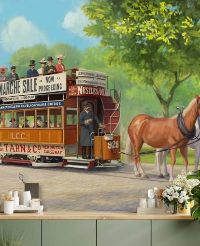 customizable bygone era wallpaper mural called Horse-Drawn Tram by Daniel Rodgers for care homes customizable bygone era wallpaper mural called Horse-Drawn Tram by Daniel Rodgers for care homes