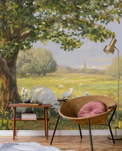 grønt og hvitt landskapstapetmaleri kalt Spring Lambs av Daniel Rodgers for omsorgsboliger grønt og hvitt landskapstapetmaleri kalt Spring Lambs av Daniel Rodgers for omsorgsboliger