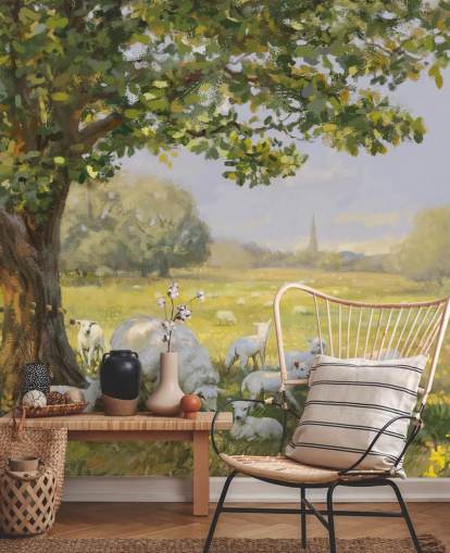 green and white countryside wallpaper mural called Spring Lambs by Daniel Rodgers for care homes green and white countryside wallpaper mural called Spring Lambs by Daniel Rodgers for care homes