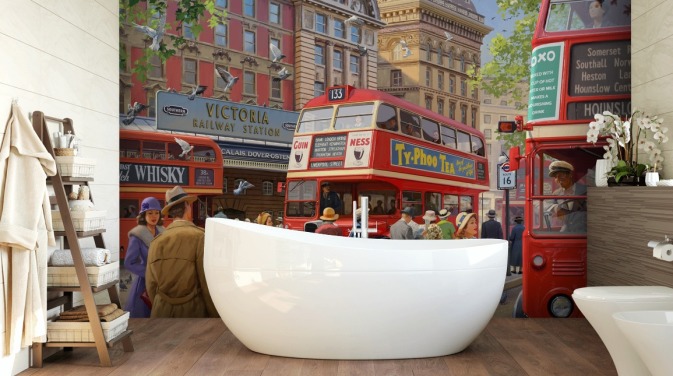 colorful customizable bygone era wall mural called Victoria Station by Daniel Rodgers for care homes