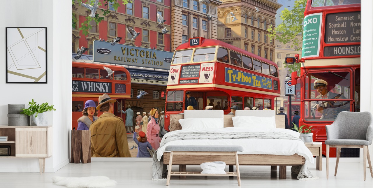 fresque murale colorée et personnalisable de l'époque révolue appelée Victoria Station par Daniel Rodgers pour les maisons de retraite
