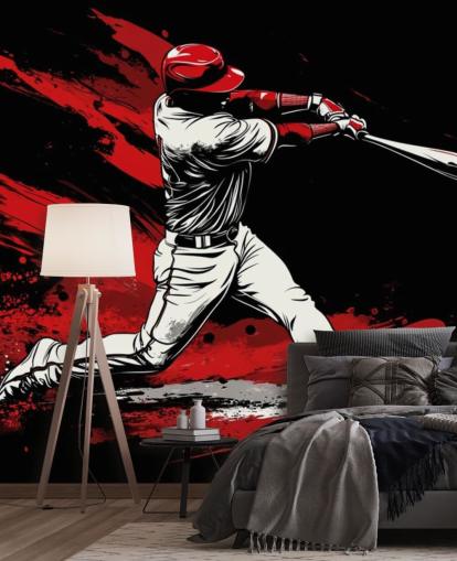 mural de papel pintado de béisbol rojo y negro llamado Red Splash Baseball para dormitorios mural de papel pintado de béisbol rojo y negro llamado Red Splash Baseball para dormitorios