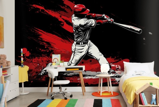 rode en zwarte honkbalbehangmuurschildering genaamd Red Splash Baseball voor slaapkamers