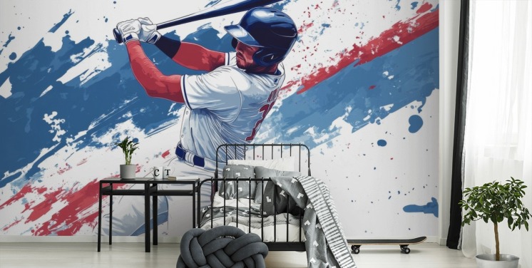 tilpasselig baseball vægmaleri kaldet Rød, hvid og blå Baseball til børns soveværelser