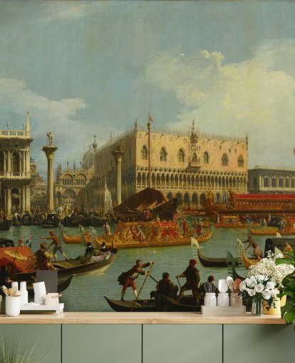 Kunsttapete mit dem Titel Der Bucentaur kehrt zum Pier des Dogenpalastes zurück von Canaletto Kunsttapete mit dem Titel Der Bucentaur kehrt zum Pier des Dogenpalastes zurück von Canaletto