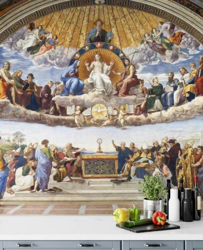 kunsttapet vægmaleri kaldet Disputation of the Holy Sacrament af Raphael til hjem og virksomheder kunsttapet vægmaleri kaldet Disputation of the Holy Sacrament af Raphael til hjem og virksomheder