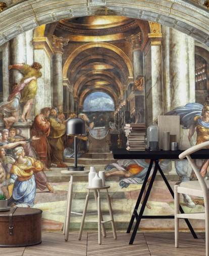 Kunsttapete mit dem Titel Die Vertreibung des Heliodorus aus dem Tempel von Raphael für Wohnungen und Büros Kunsttapete mit dem Titel Die Vertreibung des Heliodorus aus dem Tempel von Raphael für Wohnungen und Büros