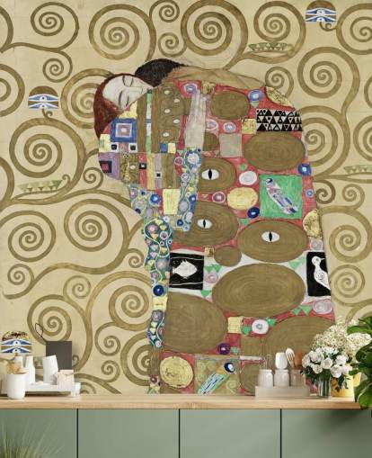 fine art wallpaper mural called Fulfillment by Gustav Klimt for bedrooms and living rooms fine art wallpaper mural called Fulfillment by Gustav Klimt for bedrooms and living rooms