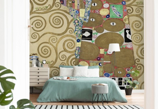 konsttapet väggmålning kallad Fulfillment av Gustav Klimt för sovrum och vardagsrum