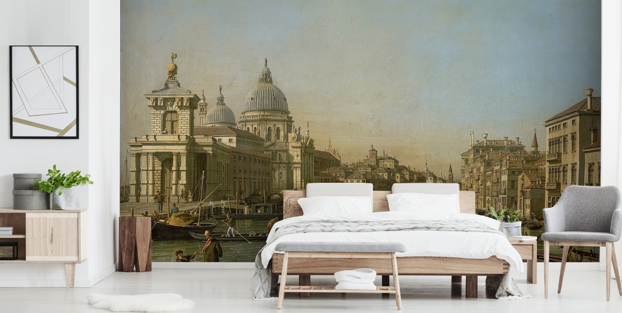 fine art wallpaper mural called Entrance to the Grand Canal near the Punta della Dogana and Santa Maria della Salute by Canaletto fine art wallpaper mural called Entrance to the Grand Canal near the Punta della Dogana and Santa Maria della Salute by Canaletto