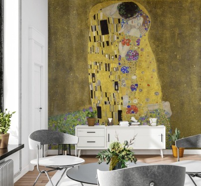 fine art wallpaper mural called The Kiss by Gustav Klimt for bedrooms, living rooms and kitchens