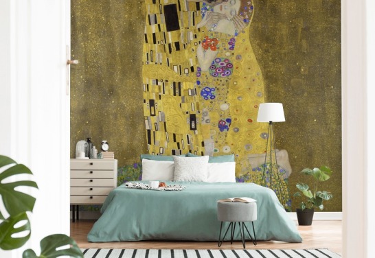 kunsttapet vægmaleri kaldet The Kiss af Gustav Klimt til soveværelser, stuer og køkkener