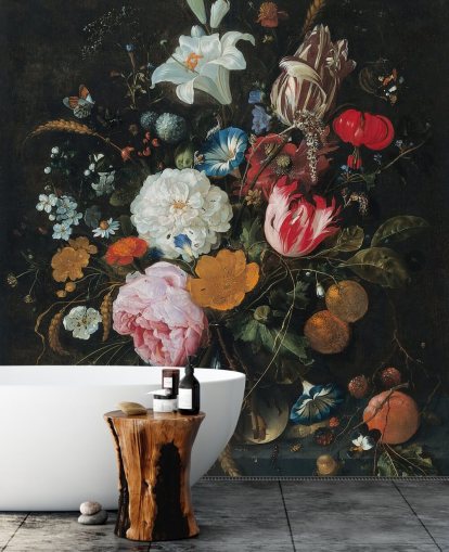 blomsterkunstveggmaleri kalt Blomster i en glassvase med frukt av Jan Davidsz. de Heem for soverom og stuer blomsterkunstveggmaleri kalt Blomster i en glassvase med frukt av Jan Davidsz. de Heem for soverom og stuer