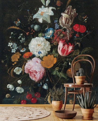 blomsterkunstmaleri kaldet Blomster i en glasvase med frugt af Jan Davidsz. de Heem til soveværelser og stuer blomsterkunstmaleri kaldet Blomster i en glasvase med frugt af Jan Davidsz. de Heem til soveværelser og stuer