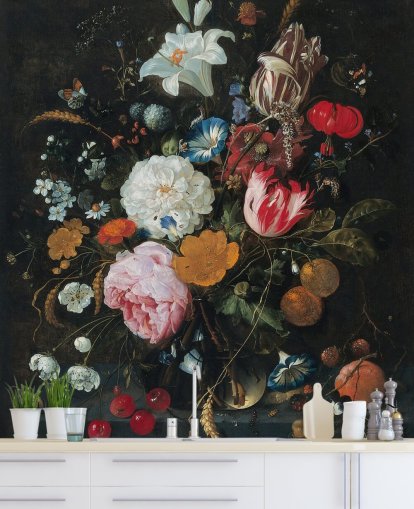 floral fine art wall mural called Flowers in a Glass Vase with Fruit by Jan Davidsz. de Heem for bedrooms and living rooms floral fine art wall mural called Flowers in a Glass Vase with Fruit by Jan Davidsz. de Heem for bedrooms and living rooms
