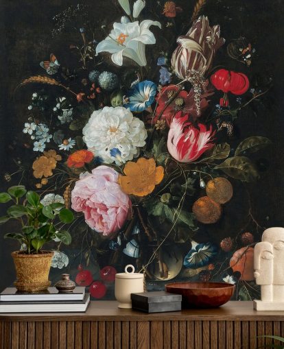 floral fine art wall mural called Flowers in a Glass Vase with Fruit by Jan Davidsz. de Heem for bedrooms and living rooms floral fine art wall mural called Flowers in a Glass Vase with Fruit by Jan Davidsz. de Heem for bedrooms and living rooms