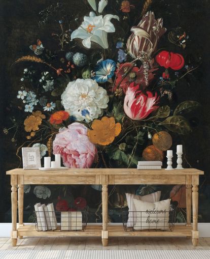 blommig konst väggmålning som heter Blommor i en glasvas med frukt av Jan Davidsz. de Heem för sovrum och vardagsrum blommig konst väggmålning som heter Blommor i en glasvas med frukt av Jan Davidsz. de Heem för sovrum och vardagsrum