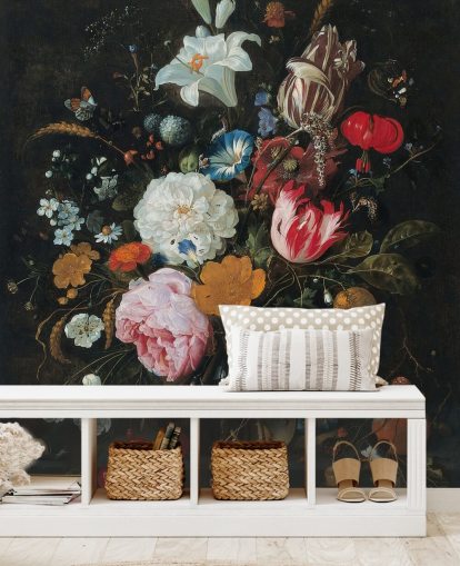 florales Kunst-Wandbild mit dem Titel Blumen in einer Glasvase mit Obst von Jan Davidsz. de Heem für Schlafzimmer und Wohnzimmer florales Kunst-Wandbild mit dem Titel Blumen in einer Glasvase mit Obst von Jan Davidsz. de Heem für Schlafzimmer und Wohnzimmer