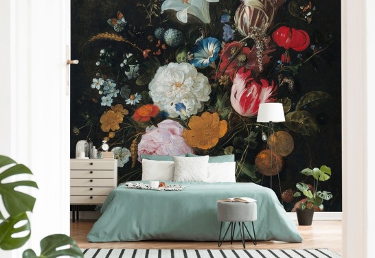 floral fine art wall mural called Flowers in a Glass Vase with Fruit by Jan Davidsz. de Heem for bedrooms and living rooms