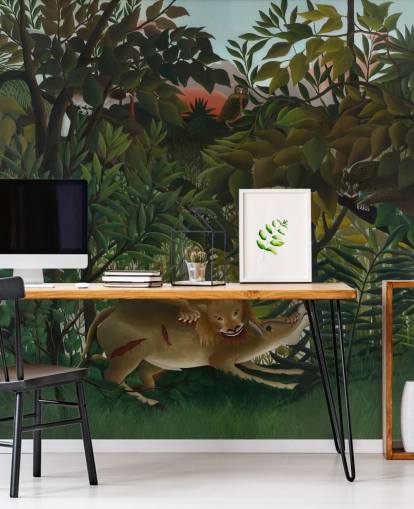 fine art wallpaper mural called The Hungry Lion Throws Itself on the Antelope by Henri Rousseau fine art wallpaper mural called The Hungry Lion Throws Itself on the Antelope by Henri Rousseau