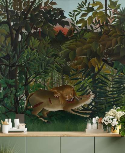 kunsttapet vægmaleri kaldet Den sultne løve kaster sig på antilopen af Henri Rousseau kunsttapet vægmaleri kaldet Den sultne løve kaster sig på antilopen af Henri Rousseau