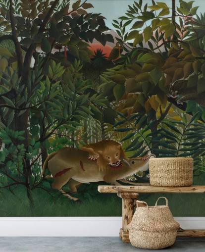 mural de papel de parede de belas artes chamado The Hungry Lion Throws Itself on the Antelope, de Henri Rousseau mural de papel de parede de belas artes chamado The Hungry Lion Throws Itself on the Antelope, de Henri Rousseau