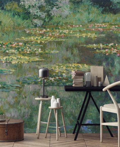 kunstbehangmuurschildering genaamd Le Bassin des Nympheas van Monet voor slaapkamers, badkamers en lounges kunstbehangmuurschildering genaamd Le Bassin des Nympheas van Monet voor slaapkamers, badkamers en lounges