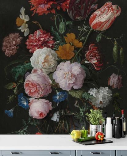 floral fine art wallpaper mural called Still Life with Flowers in a Glass Vase by Jan Davidsz. de Heem for bedrooms and lounges floral fine art wallpaper mural called Still Life with Flowers in a Glass Vase by Jan Davidsz. de Heem for bedrooms and lounges
