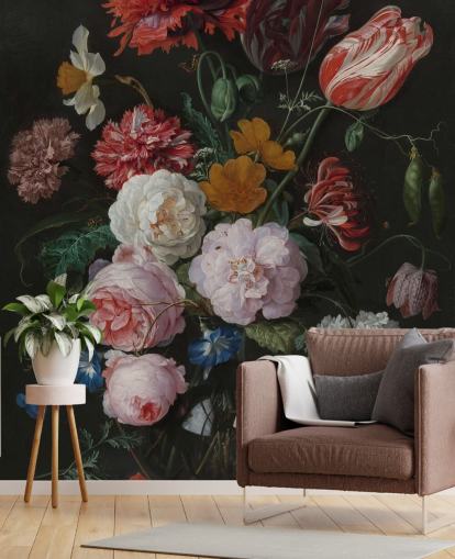 floral fine art wallpaper mural called Still Life with Flowers in a Glass Vase by Jan Davidsz. de Heem for bedrooms and lounges floral fine art wallpaper mural called Still Life with Flowers in a Glass Vase by Jan Davidsz. de Heem for bedrooms and lounges
