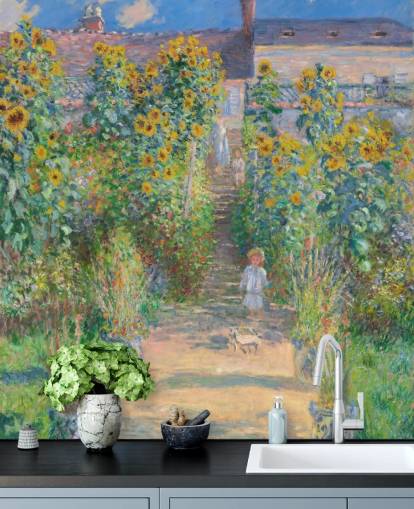 Claude Monet'n taide-taustakuva nimeltä Taiteilijan puutarha Vetheuilissa makuuhuoneisiin ja olohuoneisiin Claude Monet'n taide-taustakuva nimeltä Taiteilijan puutarha Vetheuilissa makuuhuoneisiin ja olohuoneisiin