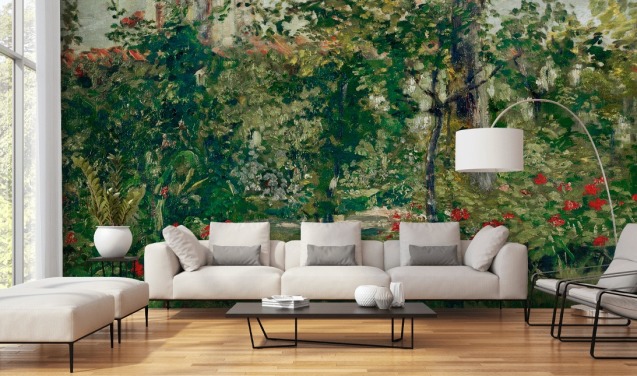 fine art wallpaper mural called The Garden at Bellevue by Edouard Manet for bedrooms and living rooms