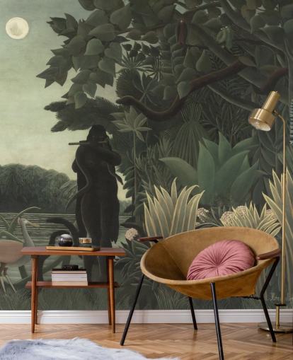 kunsttapet vægmaleri kaldet The Snake Charmer af Henri Rousseau til stuer og soveværelser kunsttapet vægmaleri kaldet The Snake Charmer af Henri Rousseau til stuer og soveværelser