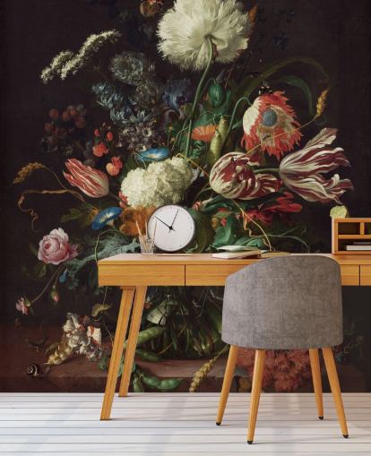 fine art wallpaper mural called Vase of Flowers by Jan Davidsz de Heem for bedrooms, lounges and dining rooms fine art wallpaper mural called Vase of Flowers by Jan Davidsz de Heem for bedrooms, lounges and dining rooms