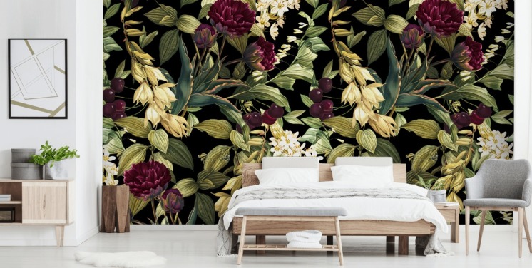 dark floral wallpaper mural called Dark Garden VIII by Burcu Korkmazyurek