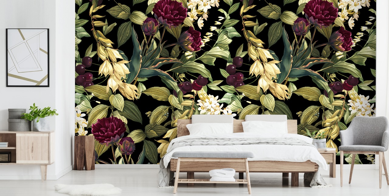 dark floral wallpaper mural called Dark Garden VIII by Burcu Korkmazyurek