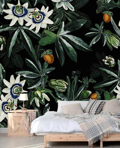 floral wallpaper mural called Exotic Garden Night XI by Burcu Korkmazyurek for bedrooms and lounges floral wallpaper mural called Exotic Garden Night XI by Burcu Korkmazyurek for bedrooms and lounges