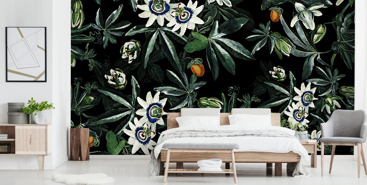 floral wallpaper mural called Exotic Garden Night XI by Burcu Korkmazyurek for bedrooms and lounges floral wallpaper mural called Exotic Garden Night XI by Burcu Korkmazyurek for bedrooms and lounges