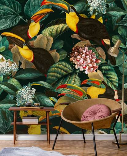 floral wallpaper mural called Floral and Birds Vintage Garden Night II by Burcu Korkmazyurek floral wallpaper mural called Floral and Birds Vintage Garden Night II by Burcu Korkmazyurek