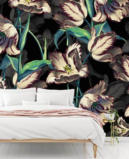 large floral wallpaper mural called Night Forest XIII by Burcu Korkmazyurek for bedrooms and lounges large floral wallpaper mural called Night Forest XIII by Burcu Korkmazyurek for bedrooms and lounges