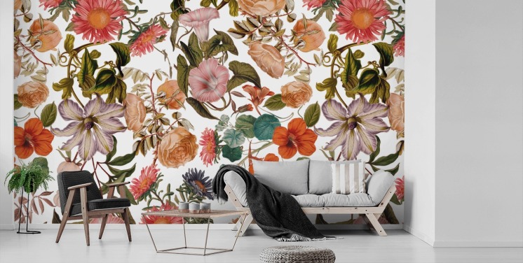 bloemenbehang met de naam Romantic Garden van Burcu Korkmazyurek voor woon- en slaapkamers