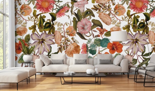 floral wallpaper mural called Romantic Garden by Burcu Korkmazyurek for living rooms and bedrooms