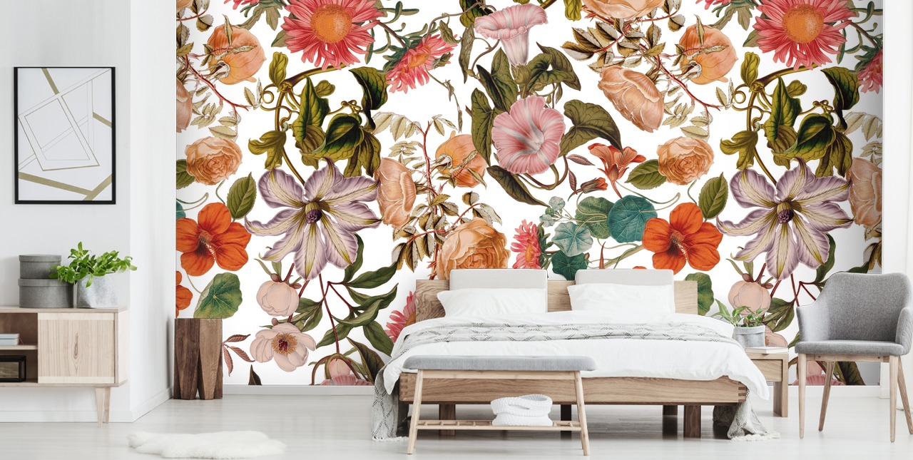 floral wallpaper mural called Romantic Garden by Burcu Korkmazyurek for living rooms and bedrooms